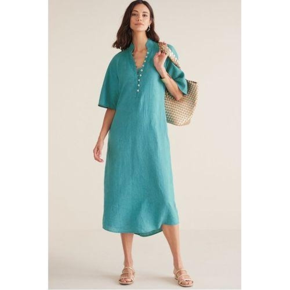 Soft Surroundings Theodora Linen Midi Dress Women PM Petite Blue Teal Pockets